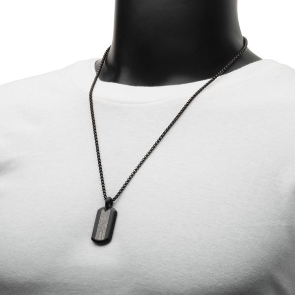 Meteorite Inlay Dog Tag Pendant with Black IP Box Chain Image 4 Morin Jewelers Southbridge, MA