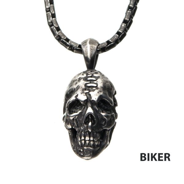 Stainless Steel Antique Silver Skull Head Pendant with Chain