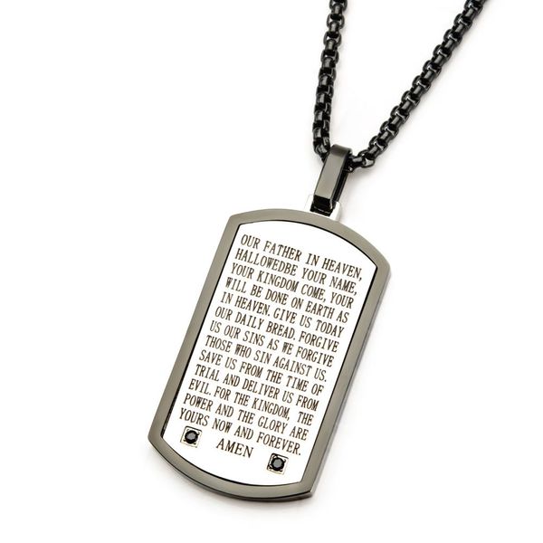 Black Plated with Lord's Prayer & Black CZ Gem Dog Tag Pendant with Chain Image 2 Cellini Design Jewelers Orange, CT