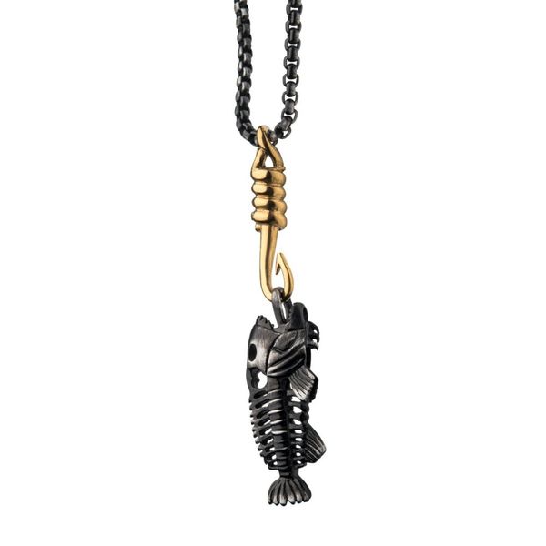 Black Plated Fishbone Pendant on a Polished Gold Plated Hook with Black Plated Box Chain Image 3 Enchanted Jewelry Plainfield, CT