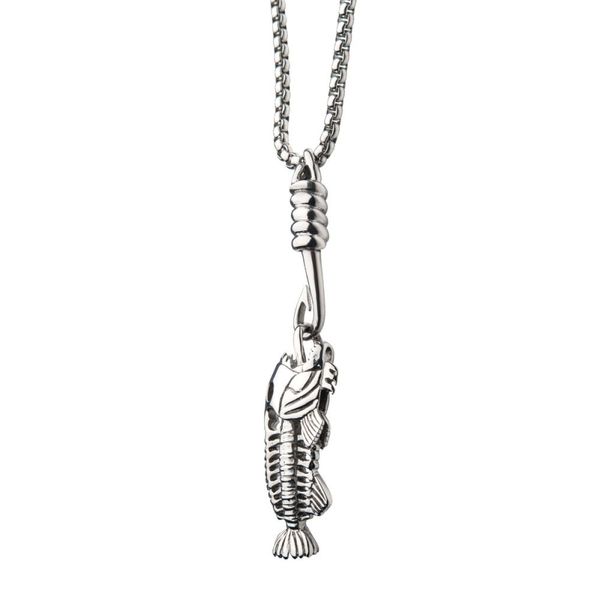 Polished Steel Fishbone Pendant with Hook & Box Chain Image 3 Jayson Jewelers Cape Girardeau, MO