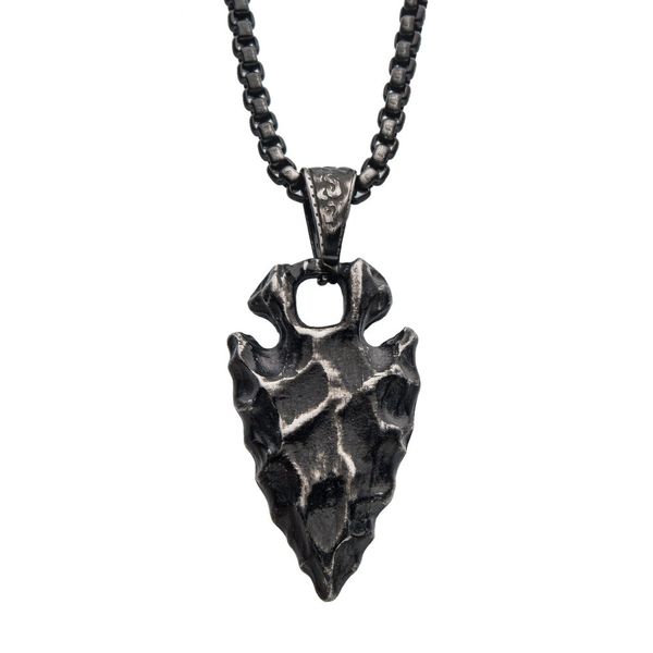 Gun Metal Plated Chiseled Arrowhead Pendant with Box Chain Morin Jewelers Southbridge, MA