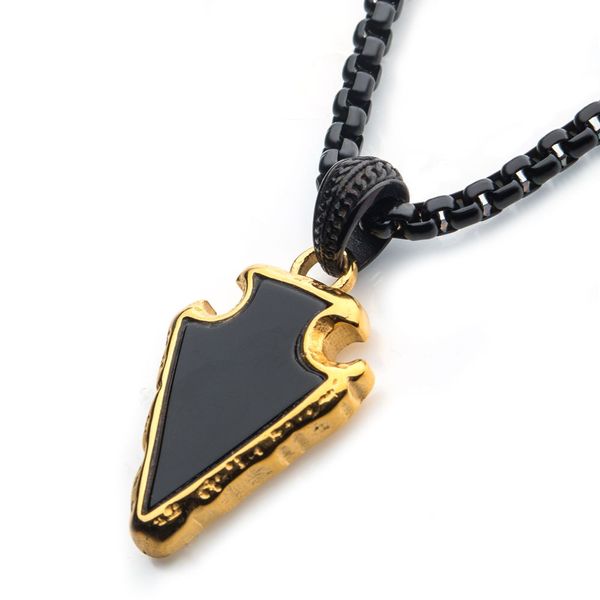 Black Agate Stone with Polished Gold Plated Frame Pendant Image 2 Ritzi Jewelers Brookville, IN