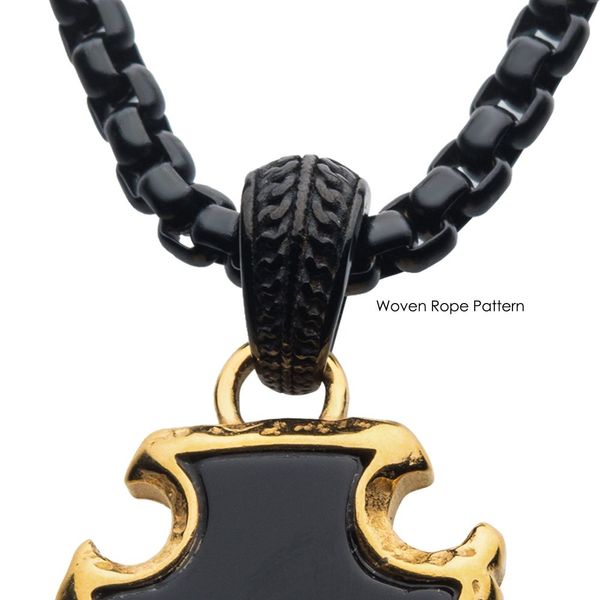Black Agate Stone with Polished Gold IP Frame Pendant on a Polished Black IP Bail with Polished Black IP Box Chain Image 4 Lewis Jewelers, Inc. Ansonia, CT
