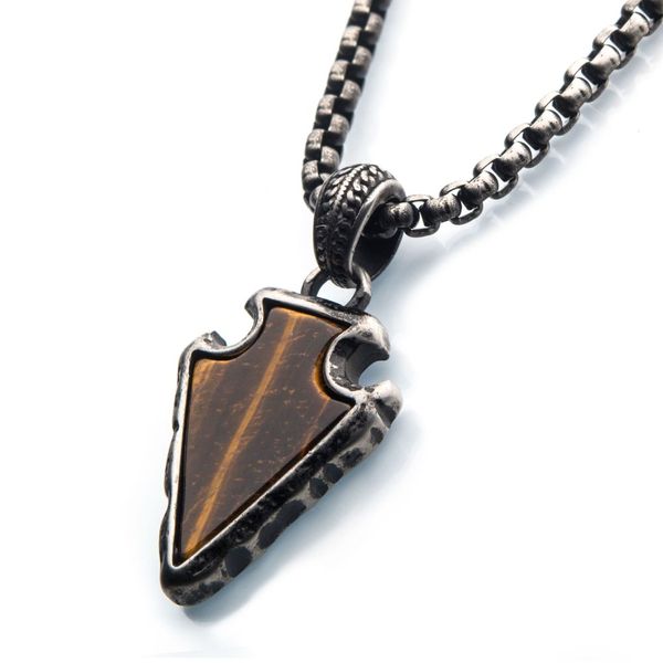 Tiger Eye Stone with Gun Metal Plated Frame Pendant on a Black IP Bail with Black IP Box Chain Image 2 Ken Walker Jewelers Gig Harbor, WA