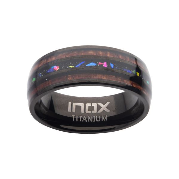 Titanium Black IP Wood & Opal Inlay Ring Image 2 Thurber's Fine Jewelry Wadsworth, OH