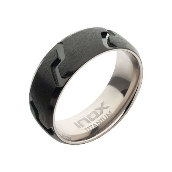 Black IP Titanium Matte Black Tread Pattern Ring with Half Sizes Banks Jewelers Burnsville, NC