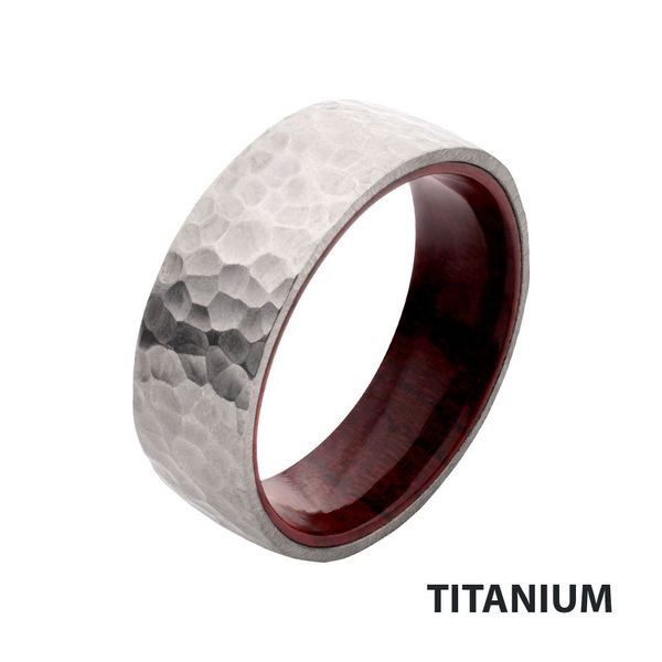 Titanium & Redwood Matte Finish Hammered Comfort Fit Ring Leitzel's Jewelry Myerstown, PA