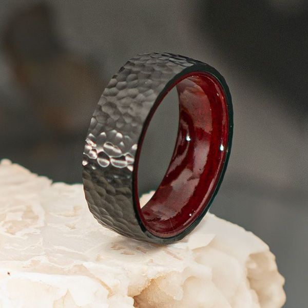 Black IP Titanium & Redwood Matte Finish Hammered Comfort Fit Ring Image 4 Meritage Jewelers Lutherville, MD