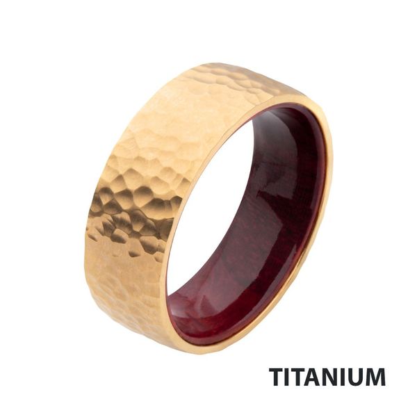 Gold IP Titanium & Redwood Matte Finish Hammered Comfort Fit Ring Cellini Design Jewelers Orange, CT