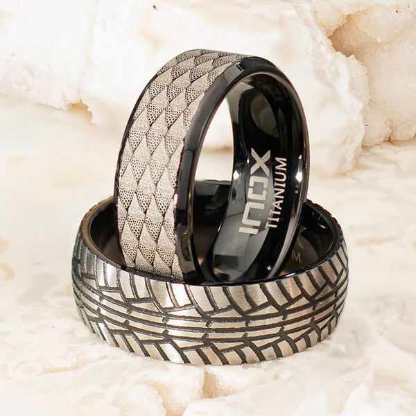 Black IP Titanium Etched Fishskin Comfort Fit Ring Image 5 Woelk's House of Diamonds Russell, KS
