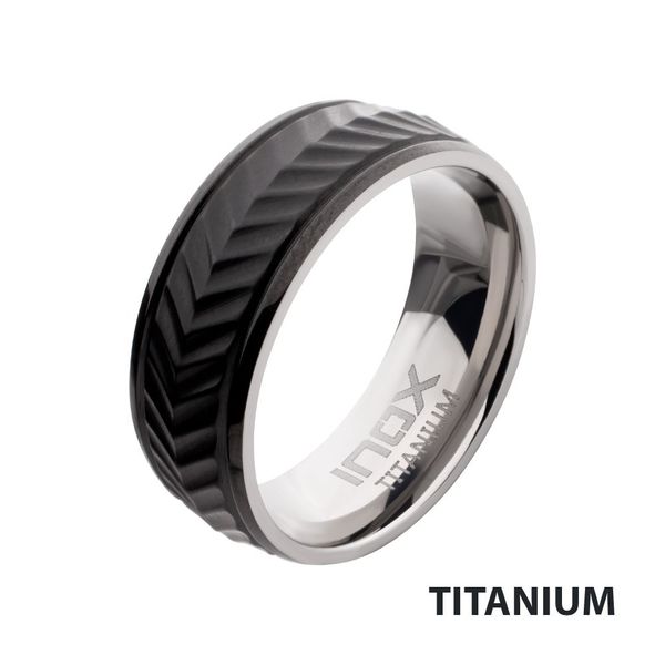 Black IP Titanium Matte Finish Chevron Comfort Fit Ring Woelk's House of Diamonds Russell, KS