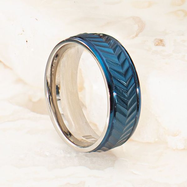 Blue IP Titanium Matte Finish Chevron Comfort Fit Ring Image 5 Lewis Jewelers, Inc. Ansonia, CT