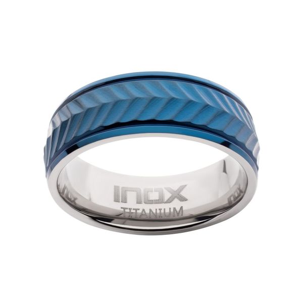 Blue IP Titanium Matte Finish Chevron Comfort Fit Ring Image 2 Peran & Scannell Jewelers Houston, TX