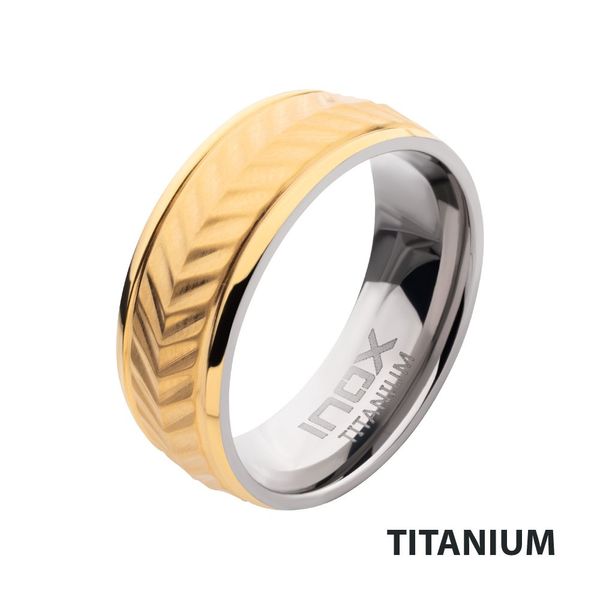 Gold IP Titanium Matte Finish Chevron Comfort Fit Ring Meritage Jewelers Lutherville, MD