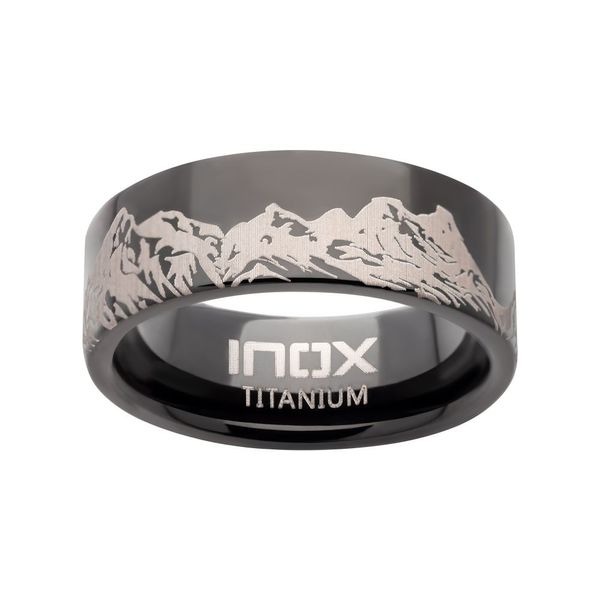 Titanium Black IP with Mountain Ridge Landscape Design Comfort Fit Ring Image 2 Mitchell's Jewelry Norman, OK