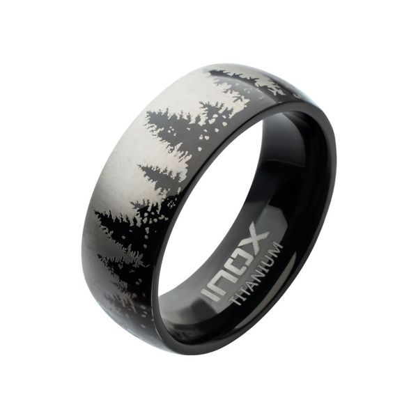 Titanium Black IP with Evergreen Forest Treeline Design Comfort Fit Ring Branham's Jewelry East Tawas, MI
