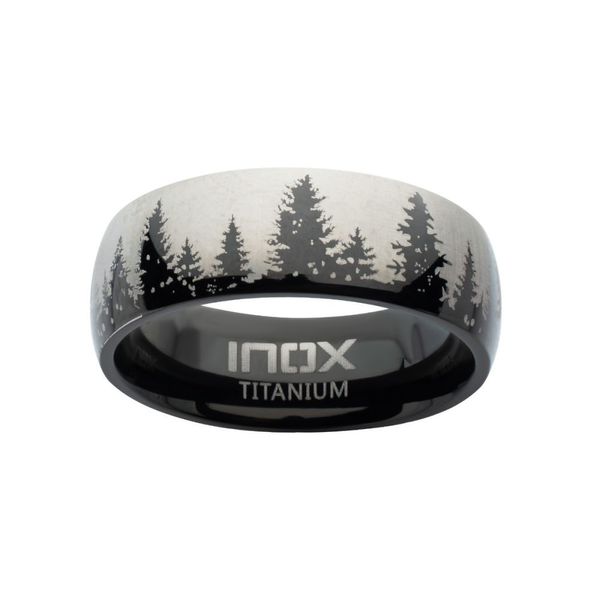 Titanium Black IP with Evergreen Forest Treeline Design Comfort Fit Ring Image 2 Mueller Jewelers Chisago City, MN