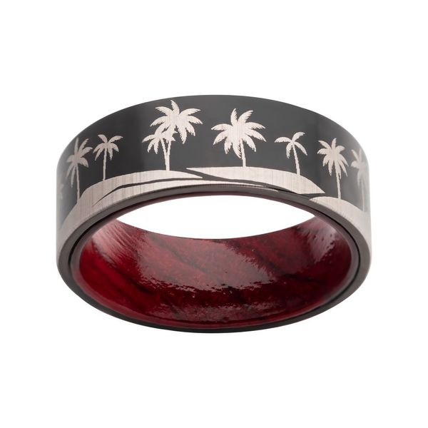 Titanium Black IP with Tropical Palm Treeline Design with Inner Rosewood Comfort Fit Ring Image 2 Glatz Jewelry Aliquippa, PA