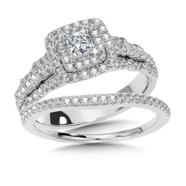 Double-Halo Princess Cut Diamond Engagement Ring and Wedding Band Bridal Set