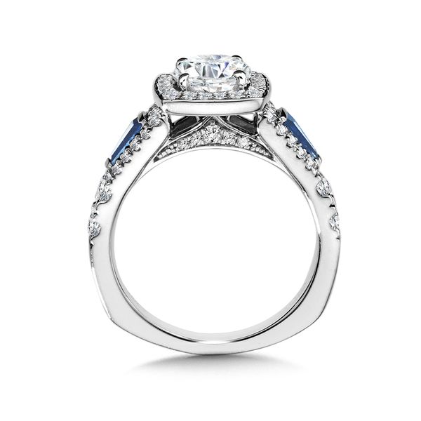 Wide Tapered-Baguette Sapphire & Cushion-Shaped Diamond Halo Engagement Ring w/ Stylized Diamond Undergallery Image 2 Midtown Diamonds Reno, NV