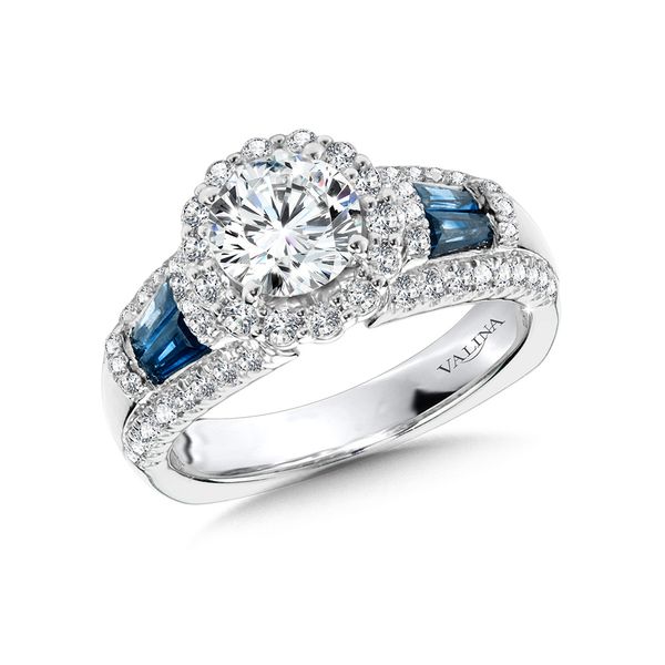Wide Tapered-Baguette Sapphire & Round Diamond Halo Engagement Ring w/ Surprise Diamond Midtown Diamonds Reno, NV