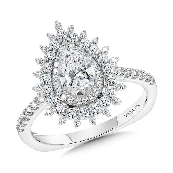 Pear-Cut Triple Diamond Halo Sun Burst Engagement Ring Mesa