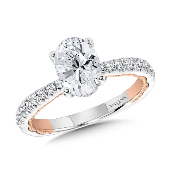 Oval-Cut, Tapered, Two-Tone & Milgrain-Beaded Hidden Halo Diamond Engagement Ring  Cottage Hill Diamonds Elmhurst, IL