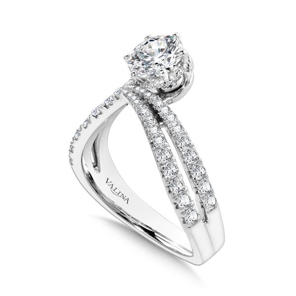 Asymmetrical Six-Prong Bypass Split Shank Hidden Halo Diamond Engagement Ring