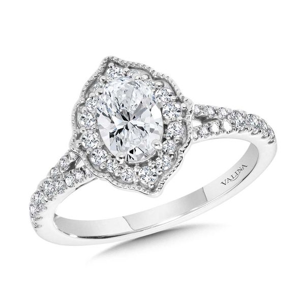 Oval-Cut Diamond & Vintage Milgrain-Beaded Halo, Split Shank Engagement Ring Gold Mine Jewelers Jackson, CA