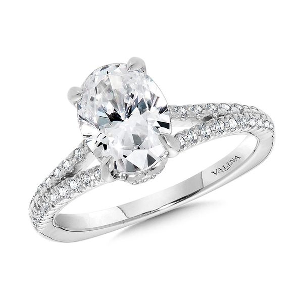 Split Shank Diamond Engagement Ring w/ Milgrain-Beaded Chevron Collar Gold Mine Jewelers Jackson, CA