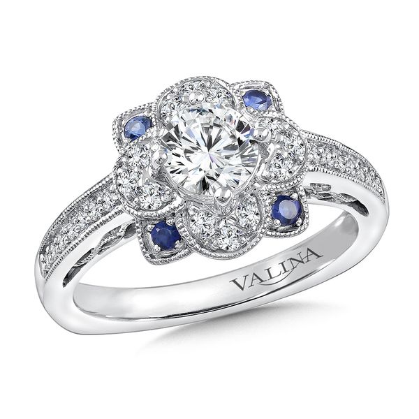 Floral Diamond and Blue Sapphire Halo Engagement Ring The Jewelry Source El Segundo, CA
