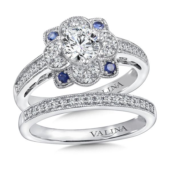 Floral Diamond and Blue Sapphire Halo Engagement Ring Image 4 Gold Mine Jewelers Jackson, CA