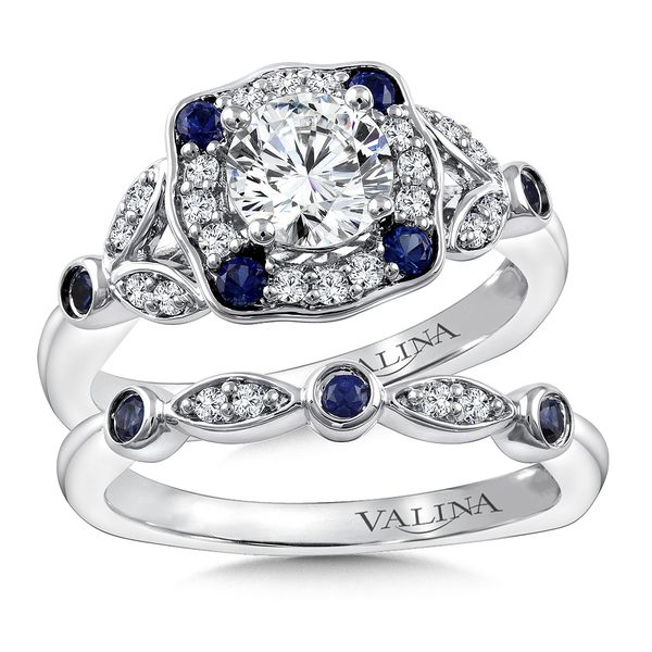 Diamond and Blue Sapphire Halo Engagement Ring Image 4 Conti Jewelers Endwell, NY