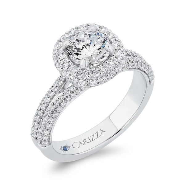 Split Shank Round Diamond Double Halo Engagement Ring in 14K