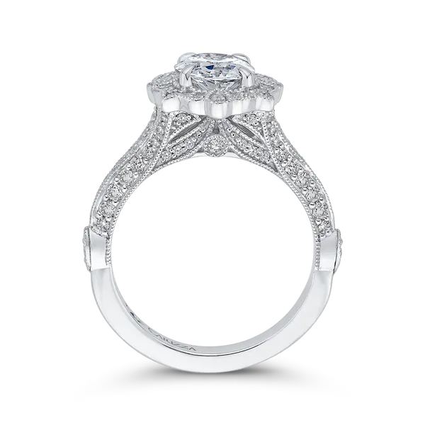 Oval Cut Diamond Halo Vintage Engagement Ring in 14K White G