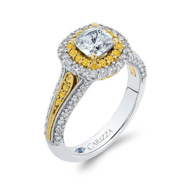 Split Shank Cushion Cut Diamond Double Halo Engagement Ring in 14K Two Tone Gold Semi Mount