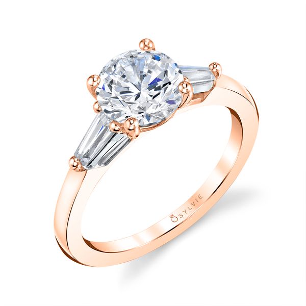 Women's Round Cut Three Stone Engagement Ring with Baguettes - Nicolette D'Errico Jewelry Scarsdale, NY