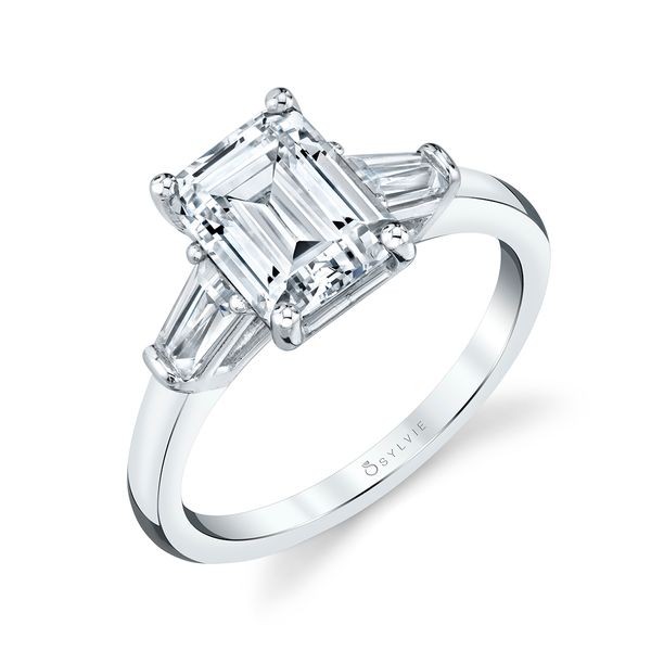 Women's Emerald Cut Three Stone Engagement Ring with Baguettes - Nicolette Castle Couture Fine Jewelry Manalapan, NJ