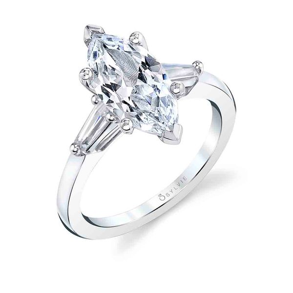 Women's Marquise Cut Three Stone Engagement Ring with Baguettes - Nicolette Stuart Benjamin & Co. Jewelry Designs San Diego, CA