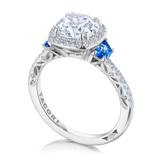 Cushion 3-Stone Engagement Ring with Blue Sapphire Image 3 Sather's Leading Jewelers Fort Collins, CO