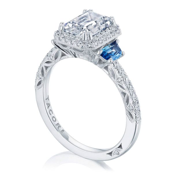 Emerald 3-Stone Engagement Ring with Blue Sapphires Image 3 Sather's Leading Jewelers Fort Collins, CO