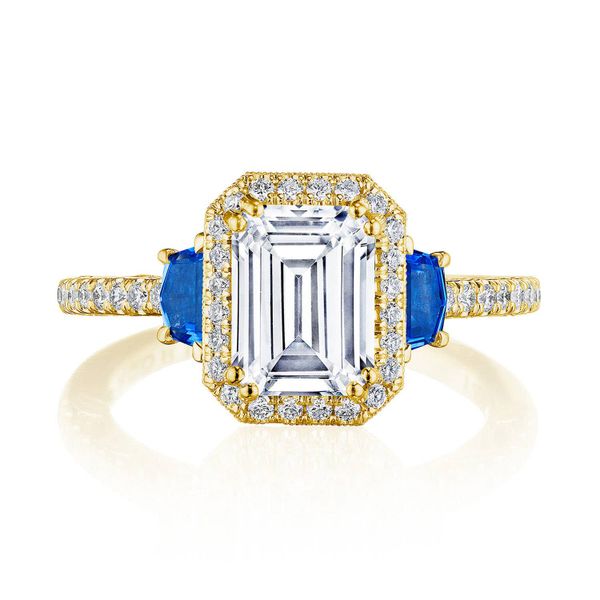Emerald 3-Stone Engagement Ring with Blue Sapphires Di'Amore Fine Jewelers Waco, TX
