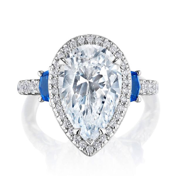 Pear 3-Stone Engagement Ring with Blue Sapphire Quenan's Fine Jewelers Georgetown, TX