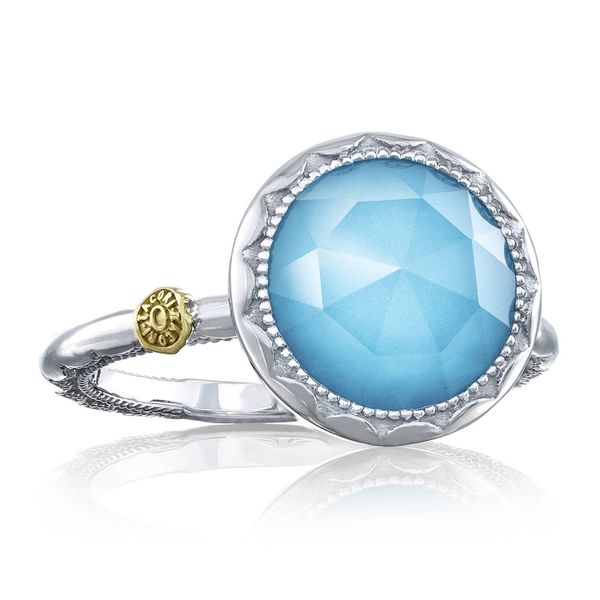 Crescent Bezel Ring featuring Clear Quartz over Neolite Turquoise Comstock Jewelers Edmonds, WA