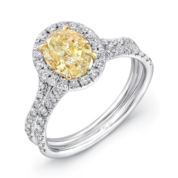 Uneek Oval Fancy Yellow Diamond Halo Engagement Ring with Silhouette Double Shank Meritage Jewelers Lutherville, MD