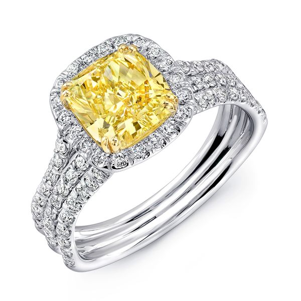 Uneek Cushion-Cut Yellow Diamond Halo Engagement Ring with Pave Triple Shank Aires Jewelers Morris Plains, NJ
