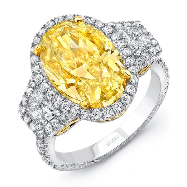Uneek Oval Fancy Yellow Diamond Three-Stone Engagement Ring with Filigree and Hand Engraving Details Meritage Jewelers Lutherville, MD
