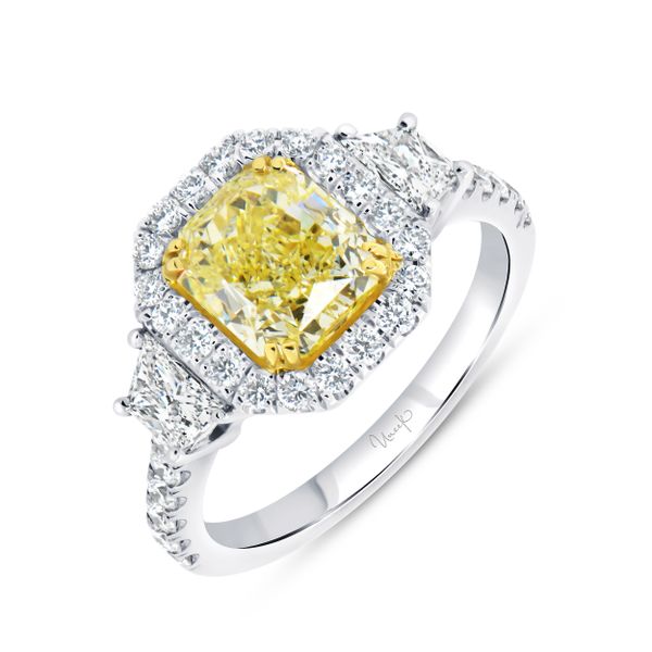 Uneek Natureal Collection 3-Stone-Halo Radiant Yellow Diamond Engagement Ring Aires Jewelers Morris Plains, NJ