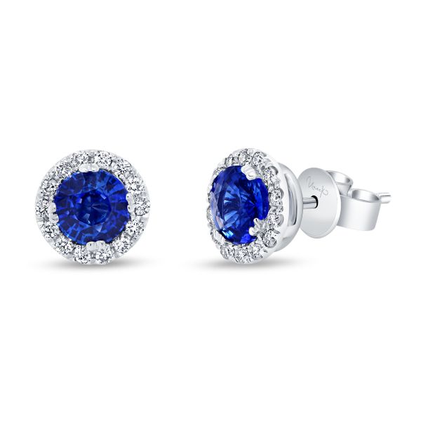 Uneek Precious Collection Halo Round Blue Sapphire Stud Earrings D. Geller & Son Jewelers Atlanta, GA